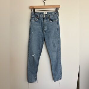 Agolde Nico A093B-3002 Blue Distressed Raw Slit Hem Button-Fly Denim Jeans